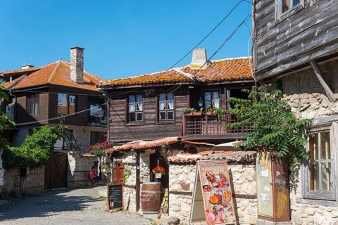 Historic town centre with cobblestone streets and traditional wooden houses, Black Sea, Nesebar,