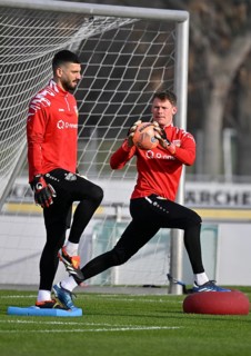 Goalkeeper Alexander Nuebel VfB Stuttgart (33) (right) and goalkeeper Fabian Bredlow VfB Stuttgart