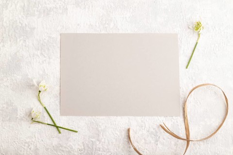 Gray paper sheet mockup with spring snowdrop galanthus flowers on gray concrete background. Blank,