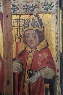 Saint Clement, medieval rood screen paintings, St Andrew church, Westhall, Suffolk, England, UK