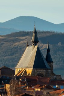 Vic le Comte. Bell tower of Saint-Pierre church. Puy de Dome department. Auvergne-Rhone-Alpes.