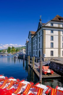 Pedal boats at the Kornhaus, Rorschach on Lake Constance, Canton of St. Gallen, Switzerland, Europe