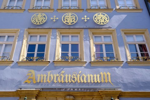 Facade of the Ambräusianum pub, Dominikanerstraße, Bamberg, Upper Franconia, Bavaria, Germany,