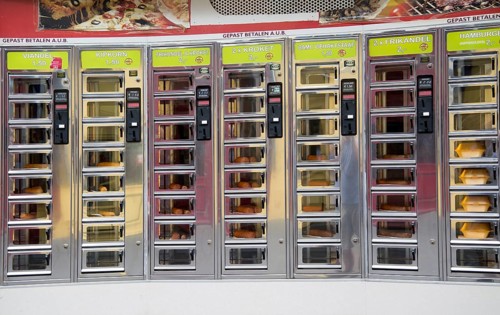 Coin operated fast food automated snack service, Eindhoven city centre, North Brabant province,