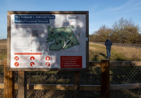 Information sign Sizewell C Consortium habitat creation project, Aldhurst Farm, Leiston, Suffolk,
