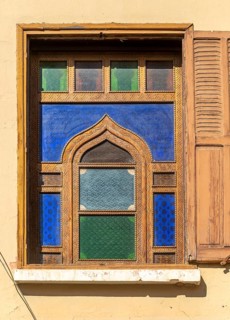 Ornate coloured glass design of window, Taroudant, Sous Valley, Morocco, north Africa, Africa