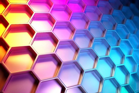 Metallic honeycomb pattern illuminated with vibrant gradient colors abstract background, AI