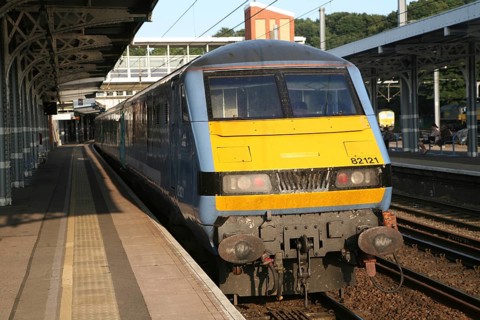 Class 82 electric locomotive train at platform, Ipswich railway station, Suffolk, England, United