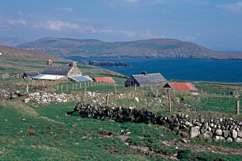 Houses, stone walls, view to the mainland, Dursey Island, Beara Peninsula, County Cork, Republic of