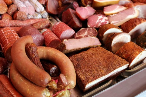Sausage counter in a butcher's shop