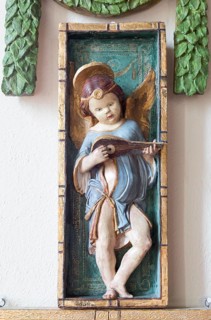 Painted plaster angels in village parish church of Saint Michael, Wilsford cum Lake, Wiltshire,