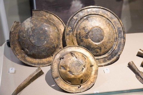 Three bronze phalarae found in the River Avon in Melksham, part of the Melksham Hoard. With