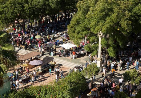 High angle view of people at street market, Jerez de la Frontera, Spain, Europe
