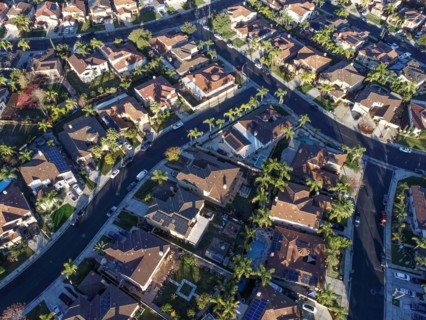 Aerial view of populated neigborhood of houses