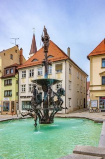 Theodulbrunnen fountain on the market square in Ehingen (Danube), Baden-Württemberg, Germany,