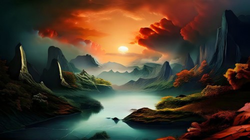 AI generated painting of a surreal landscape with mountains and a lake with digital brush strokes