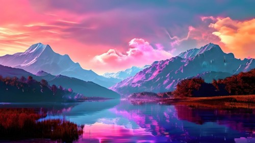 AI generated painting of a surreal landscape with mountains and a lake with digital brush strokes