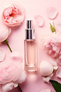 Face serum with pink peony flowers. AI generated