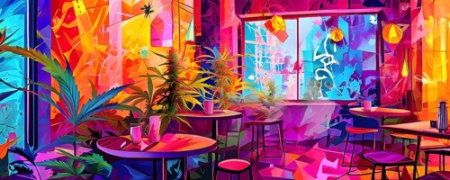 Abstract composition of a cannabis cafe with ambiance bold contrasting colors and playful shapes,
