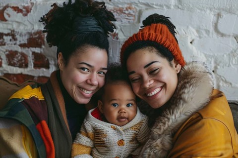 Family portrait of african american female homosexual couple with young child. Generative Ai, AI
