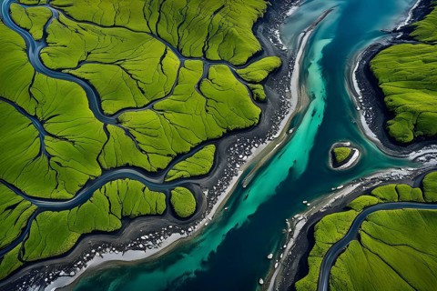 Aerial view perpendicular top down of an abstract colorful river along the coastline, AI generated
