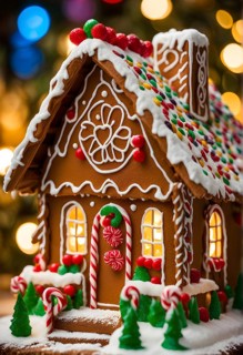 Gingerbread house decorations, focusing on the intricate icing details, colorful candy, and soft,