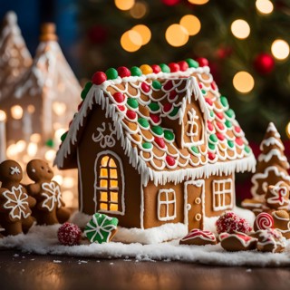 Gingerbread house decorations, focusing on the intricate icing details, colorful candy, and soft,