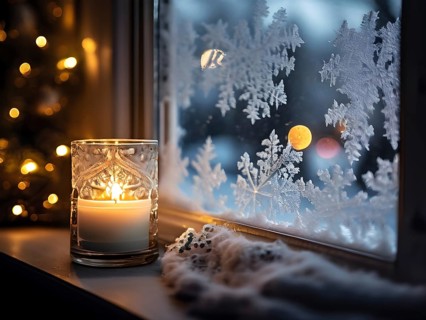 Snow-covered window with frost patterns, candlelight softly glowing through the glass, and warm,