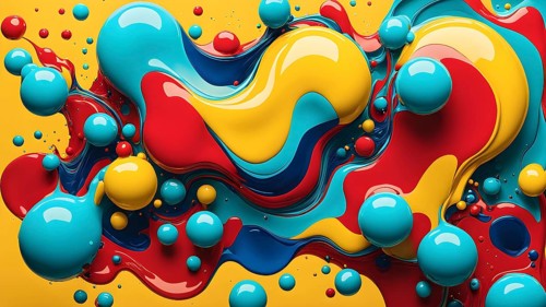 Abstract image with vibrant blue and red blobs and liquid shapes on a yellow background, AI