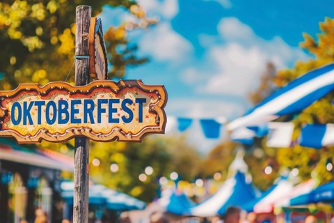 Sign with text 'Oktoberfest' at entry of traditional Bavarian German festival. Generative AI, AI
