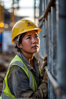 Portrait of a female construction worker wearing a yellow helmet, AI generated