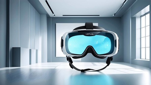 Three dimensional render of virtual reality glasses in a digital room, AI generated