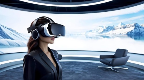 Three dimensional render of a woman wearing virtual reality glasses, AI generated