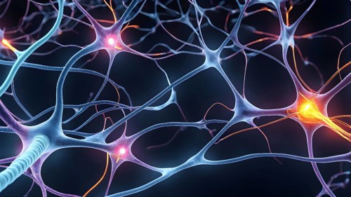 Visualization of neurons firing neurotransmitters in the synaptic gap, AI generated