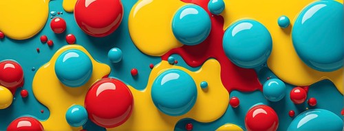 Abstract image with vibrant blue and red blobs and liquid shapes on a yellow background, AI