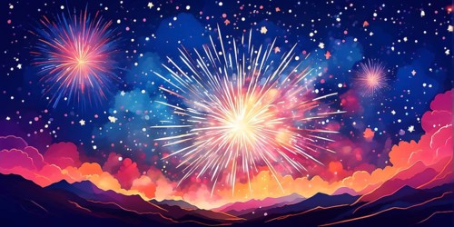 Wallpaper illustration of an explosion of vibrant fireworks colors in a night sky, symbol for happy