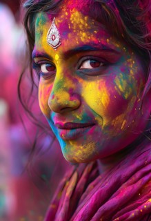Indian woman colored face portrait during Holi Hindu festival, AI generated