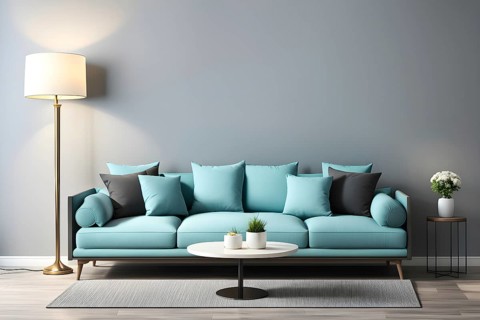 3d rendering of a couch with cushions and a floor lamp, AI generated