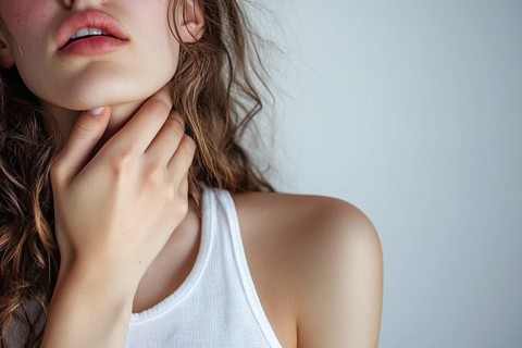 Woman holding hand to throat. Generative AI, AI generated