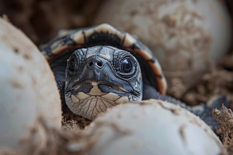 Newly hatched young sea turtle with eggs. Generative Ai, AI generated