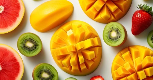 Colorful and artfully arranged slices of fruits like mangoes, strawberries, and kiwi, AI generated