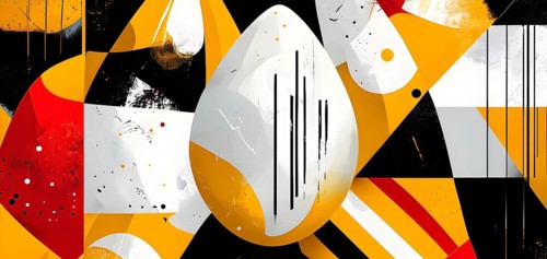 Illustration of an abstract Easter egg design with geometric patterns, bold colors, and a mix of