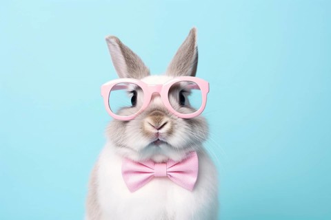 Funny bunny with pink glasses and bow tie on blue background. KI generiert, generiert AI generated