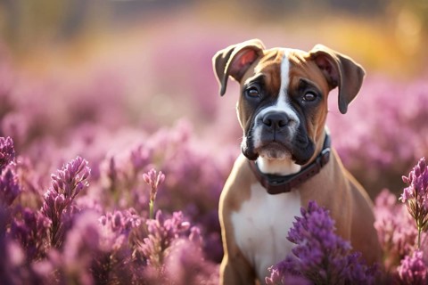 Boxer dog in beautiful field of purple heather flowers in late summer. KI generiert, generiert AI