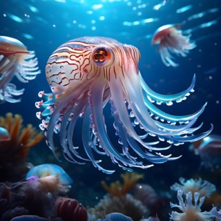 Hypnotizing cuttlefish amidst an undulating sea, AI generated