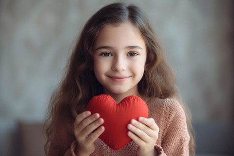 Young girl child holding red plush heart. Mother's day concept. KI generiert, generiert, AI