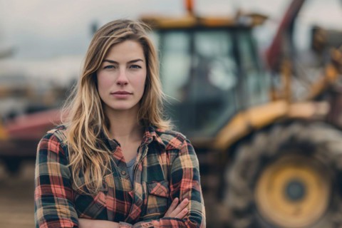 Portrait of farmer woman with blurry tacktor in background. KI generiert, generiert KI generiert,