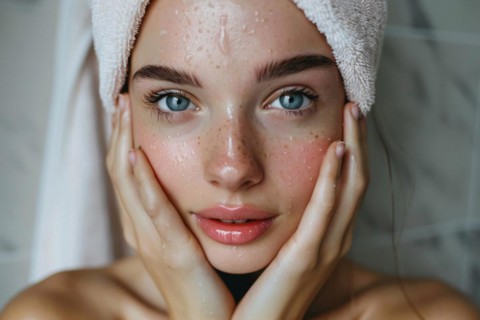 Beautiful woman with clean wet skin and towel wrapped around head after shower. KI generiert,
