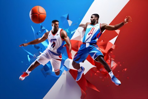 Abstract digital render of olympic basketball players morphing into fluid shapes of french tricolor