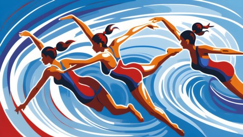 Abstract digital render of olympic synchron swimmers morphing into fluid shapes in french tricolor